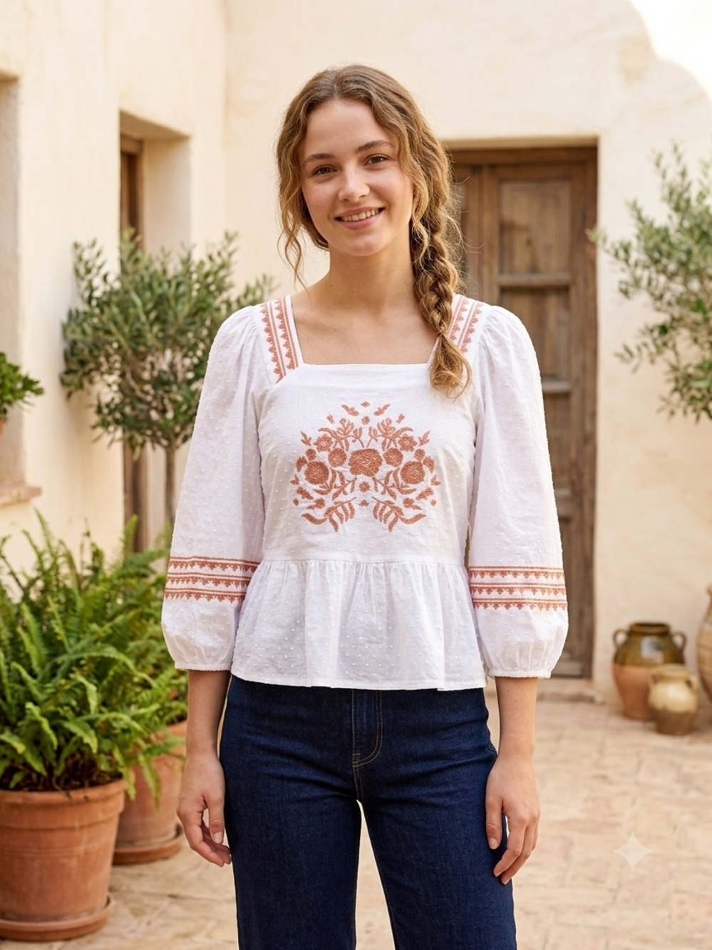 Universal Thread White Peasant Blouse with Rust Embroidery